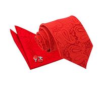 DQT Mens Paisley Floral Jacquard Tie, Pocket Square & Cufflinks Set (3pc) - 9cm Classic - Wedding Business & Formal - Red