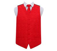 DQT Mens Paisley Floral Waistcoat Tie Cufflinks & Pocket Square Set (4pc) - Wedding, Business & Formal - Red 42" (XL)