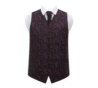DQT Mens Passion Floral Jacquard Waistcoat, Cravat, Pocket Square & Cufflinks Set (4pc) - Wedding, Business & Formal - Black & Purple 46" (3XL)