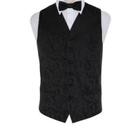 DQT Mens Passion Floral Jacquard Wedding Waistcoat Set with Bow Tie, Pocket Square & Cufflinks - Formal Suit Vest - Black 36" (S)