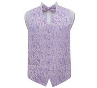DQT Mens Passion Floral Jacquard Wedding Waistcoat Set with Bow Tie, Pocket Square & Cufflinks - Formal Suit Vest Lilac 38" M