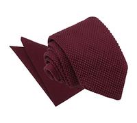 DQT Mens Plain Knitted Slim Tie & Pocket Square Set (2pc) - Wedding, Business & Formal - Cabernet Red