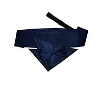 DQT Mens Plain Satin Bow Tie, Cummerbund & Pocket Square Set (3pc) - Pre-Tied Wedding Formal - Navy Blue