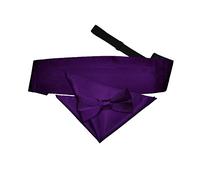 DQT Mens Plain Satin Bow Tie, Cummerbund & Pocket Square Set (3pc) - Pre-Tied Wedding Formal - Purple