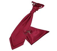 DQT Mens Plain Satin Cravat Ascot Tie & Pocket Square Set with Cufflinks - Wedding Business & Formal - Burgundy (Pre-Tied)