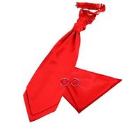 DQT Mens Plain Satin Cravat Ascot Tie & Pocket Square Set with Cufflinks - Wedding Business & Formal - Red (Pre-Tied)