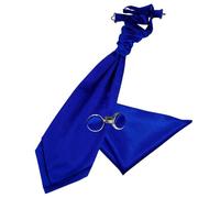 DQT Mens Plain Satin Cravat Ascot Tie & Pocket Square Set with Cufflinks - Wedding Business & Formal - Royal Blue (Pre-Tied)