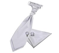 DQT Mens Plain Satin Cravat Ascot Tie & Pocket Square Set with Cufflinks - Wedding Business & Formal - Silver (Pre-Tied)