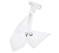DQT Mens Plain Satin Cravat Ascot Tie & Pocket Square Set with Cufflinks - Wedding Business & Formal - White (Pre-Tied)
