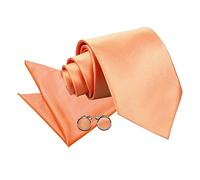DQT Mens Plain Satin Tie, Pocket Square & Cufflinks Set (3pc) - 9cm Classic Width - Wedding, Business & Formal - Coral