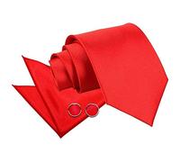 DQT Mens Plain Satin Tie, Pocket Square & Cufflinks Set (3pc) - 9cm Classic Width - Wedding, Business & Formal - Red