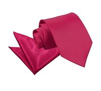 DQT Mens Plain Satin Tie & Pocket Square Set (2pc) - 9cm Classic Wedding, Business & Formal Necktie - Crimson Red