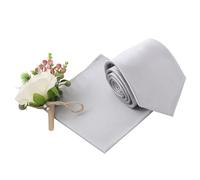 DQT Mens Plain Satin Tie & Pocket Square Set (2pc) - 9cm Classic Wedding, Business & Formal Necktie - Silver