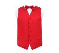 DQT Mens Plain Satin Waistcoat, Bow Tie, Pocket Square, Cufflinks & Lapel Pin Set (5pc) - Wedding, Business & Formal - Red 48" 4XL