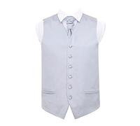 DQT Mens Plain Satin Waistcoat, Cravat, Pocket Square, Cufflinks & Lapel Pin Set - Wedding & Formal Suit Vest (5pc) - Silver 44" (2XL)
