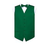DQT Mens Plain Satin Waistcoat & Pre-Tied Bow Tie Set (2pc) - Wedding, Business & Formal - Emerald Green 44" (2XL)
