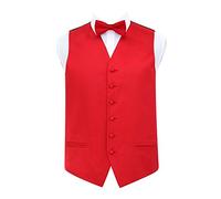 DQT Mens Plain Satin Waistcoat & Pre-Tied Bow Tie Set (2pc) - Wedding, Business & Formal - Red 44" (2XL)