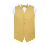 DQT Men's Plain Satin Wedding Waistcoat, Bow Tie, Pocket Square, Cufflinks and Lapel Pin 5pc Set (UK, Numeric, 46, Regular, Regular, Gold)