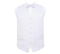 DQT Men's Plain Satin Wedding Waistcoat, Bow Tie, Pocket Square, Cufflinks and Lapel Pin 5pc Set - White 50"