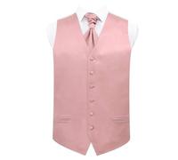 DQT Men's Plain Satin Wedding Waistcoat, Cravat, Pocket Square, Cufflinks and Lapel Pin 5pc Set - Dusty Pink 42"