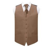 DQT Mens Plain Shantung Waistcoat Cravat Pocket Square Cufflinks & Lapel Pin Set (5pc) - Wedding, Business & Formal - Bronze 46" (3XL)