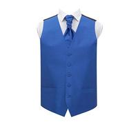 DQT Mens Plain Shantung Waistcoat Cravat Pocket Square Cufflinks & Lapel Pin Set (5pc) - Wedding, Business & Formal - Royal Blue 48" (4XL)