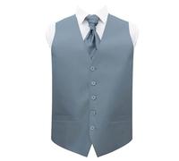 DQT Men's Plain Shantung Wedding Waistcoat, Cravat, Pocket Square, Cufflinks and Lapel Pin 5pc Set - Dusty Blue 48"