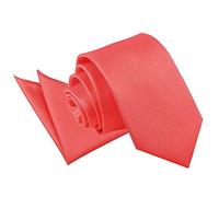 DQT Mens Plain Solid Check Tie & Pocket Square Set - 7cm Slim Width Necktie for Wedding Business & Formal Wear - Coral