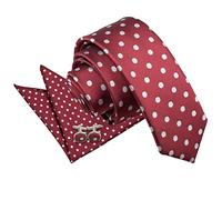 DQT Mens Polka Dot Skinny 5cm Tie, Pocket Square & Cufflinks Set (3pc) - Wedding, Business & Formal - Burgundy