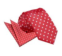 DQT Mens Polka Dot Slim Tie & Pocket Square Set (2pc) - Wedding, Business & Formal - Dark Red