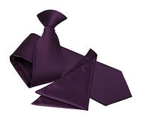 DQT Mens Solid Check 7cm Slim Clip-On Tie and Pocket Square Set - Wedding Business Formal Necktie - Cadbury Purple
