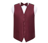 DQT Men's Solid Check Wedding Waistcoat, Bow Tie, Pocket Square and Cufflinks 4pc Set - Burgundy 36" (S)