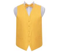 DQT Men's Solid Check Wedding Waistcoat, Bow Tie, Pocket Square and Cufflinks 4pc Set - Sunflower Gold 48"