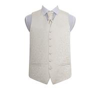 DQT Mens Swirl Floral Jacquard Waistcoat, Cravat, Pocket Square & Cufflinks Set (4pc) - Wedding, Business & Formal - Ivory 36" (S)