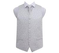 DQT Mens Swirl Waistcoat Tie Pocket Square & Cufflinks Set (4pc) - Wedding, Business & Formal - Silver 38" (M)