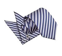 DQT Mens Thin Stripe Tie, Pocket Square & Cufflinks Set - 9cm Classic Necktie Wedding Formal Navy Blue and Silver