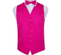 DQT New Plain Men's Hot Pink Wedding Waistcoat & Pre-Tied Bow Tie Set - 40