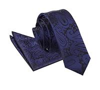 DQT Paisley Floral Patterned Wedding Skinny Neck Tie & Pocket Square Set for Men in Navy Blue