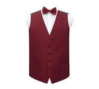 DQT Plain Shantung Wedding Waistcoat Vest & Matching Pre-Tied Bow Tie for Men in Burgundy 40"