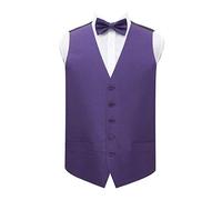 DQT Plain Shantung Wedding Waistcoat Vest & Matching Pre-Tied Bow Tie for Men in Cadbury Purple 50"