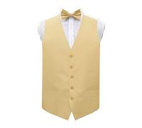 DQT Plain Shantung Wedding Waistcoat Vest & Matching Pre-Tied Bow Tie for Men in Gold 40"