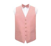 DQT Plain Shantung Wedding Waistcoat Vest & Matching Pre-Tied Bow Tie for Men in Peach Pink 46"