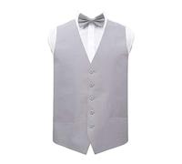DQT Plain Shantung Wedding Waistcoat Vest & Matching Pre-Tied Bow Tie for Men in Silver 36"