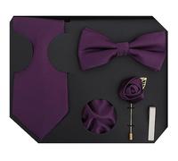 DQT Plain Twill Microfibre Men’s Tie, Bow Tie, Pocket Square, Lapel Pin & Tie Clip Gift Box Set - Wedding & Formal (5 pcs) - Aubergine Purple