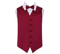 DQT Premium Plain Satin Glossy Finish Solid Burgundy Kids Children Boy's Wedding Tuxedo Waistcoat Vest with Matching Formal Pre-Tied Bow Tie Set 30"