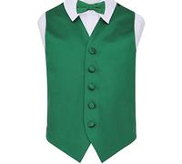DQT Premium Plain Satin Glossy Finish Solid Emerald Green Kids Children Boy's Wedding Tuxedo Waistcoat Vest with Matching Formal Pre-Tied Bow Tie Set 26"