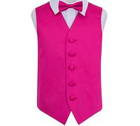 DQT Premium Plain Satin Glossy Finish Solid Hot Pink Kids Children Boy's Wedding Tuxedo Waistcoat Vest with Matching Formal Pre-Tied Bow Tie Set 34"