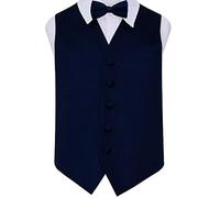 DQT Premium Plain Satin Glossy Finish Solid Navy Blue Kids Children Boy's Wedding Tuxedo Waistcoat Vest with Matching Formal Pre-Tied Bow Tie Set 24"