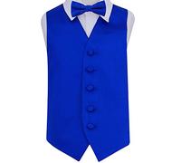 DQT Premium Plain Satin Glossy Finish Solid Royal Blue Kids Children Boy's Wedding Tuxedo Waistcoat Vest with Matching Formal Pre-Tied Bow Tie Set 28"