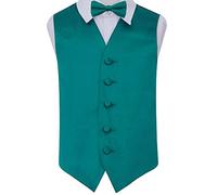 DQT Premium Plain Satin Glossy Finish Solid Teal Kids Children Boy's Wedding Tuxedo Waistcoat Vest with Matching Formal Pre-Tied Bow Tie Set 32"